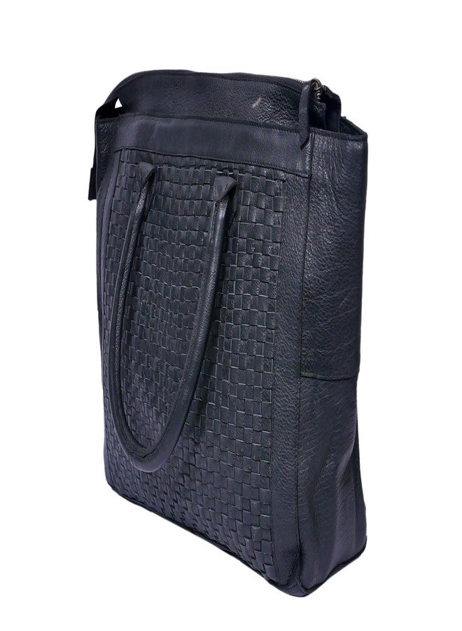 Celtic Genuine Leather Tote Bag Black with Woven Front, Zip Closure & Dual Carry Handles - Image 2